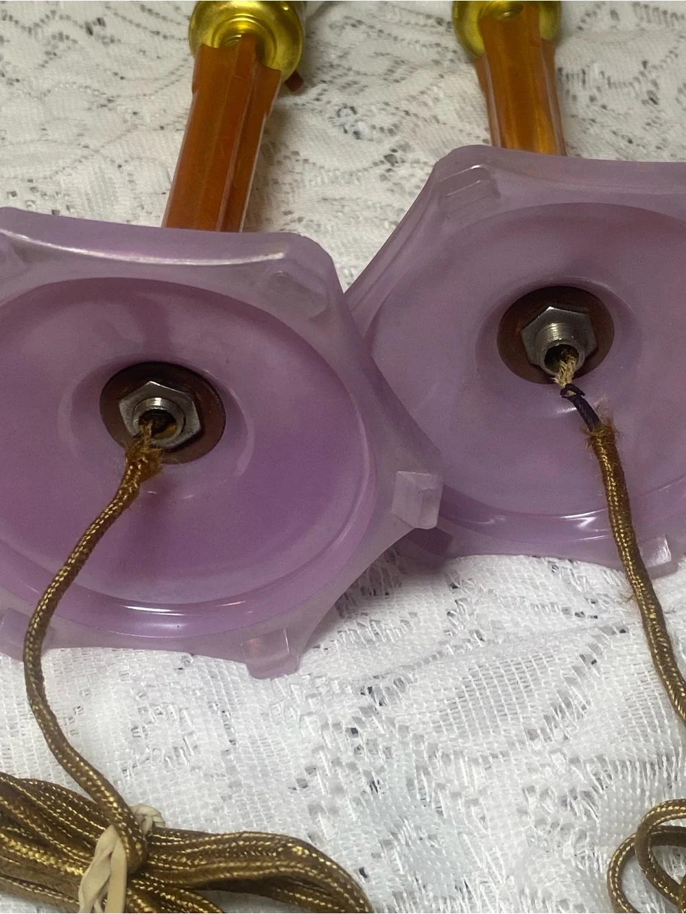 1930s Houze Glass Boudoir Lamps Pressed Glass Butterscotch Bakelite Set Art Deco